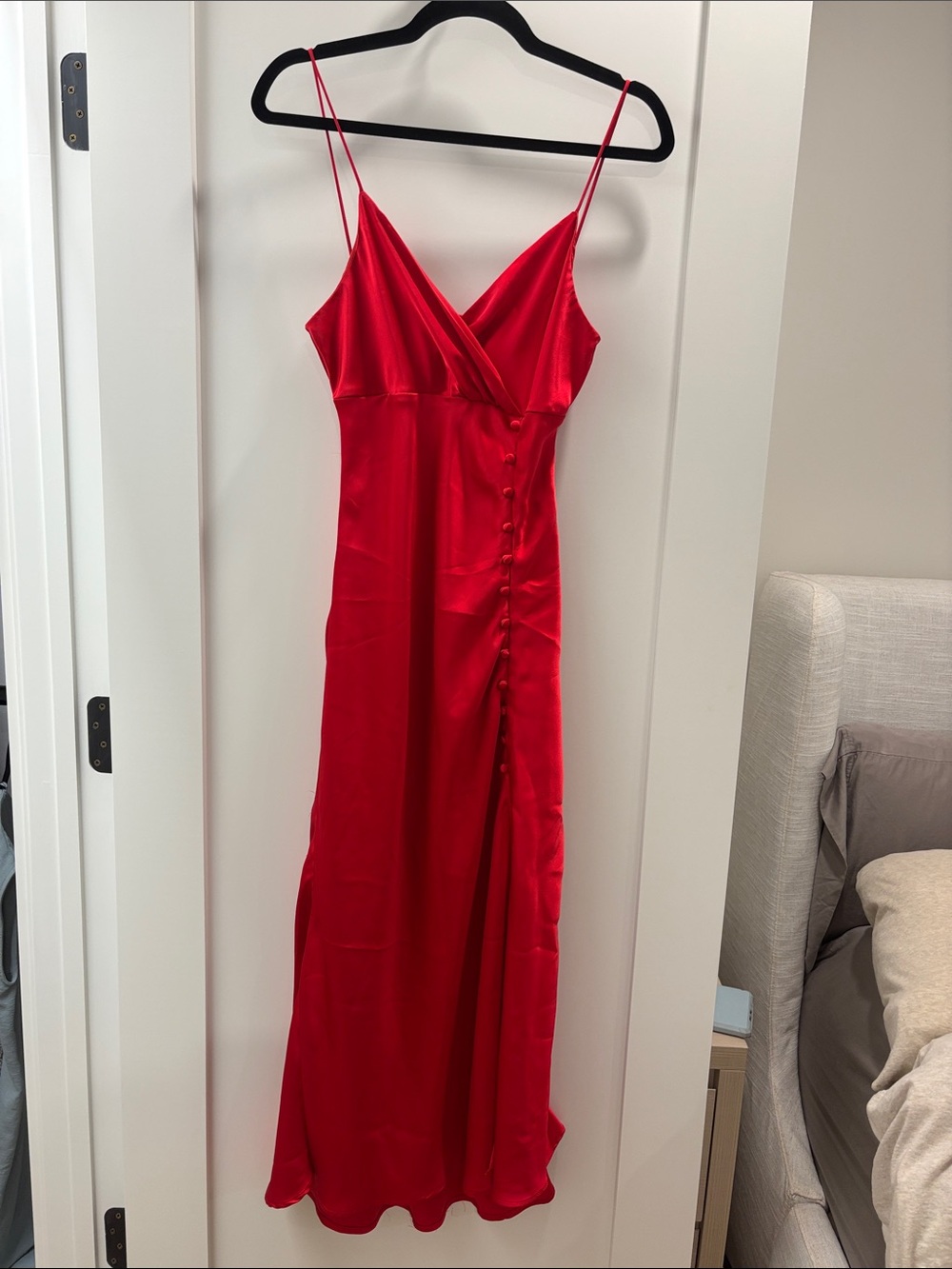 Zara Red Satin Maxi Slip Dress with Side Button Detail